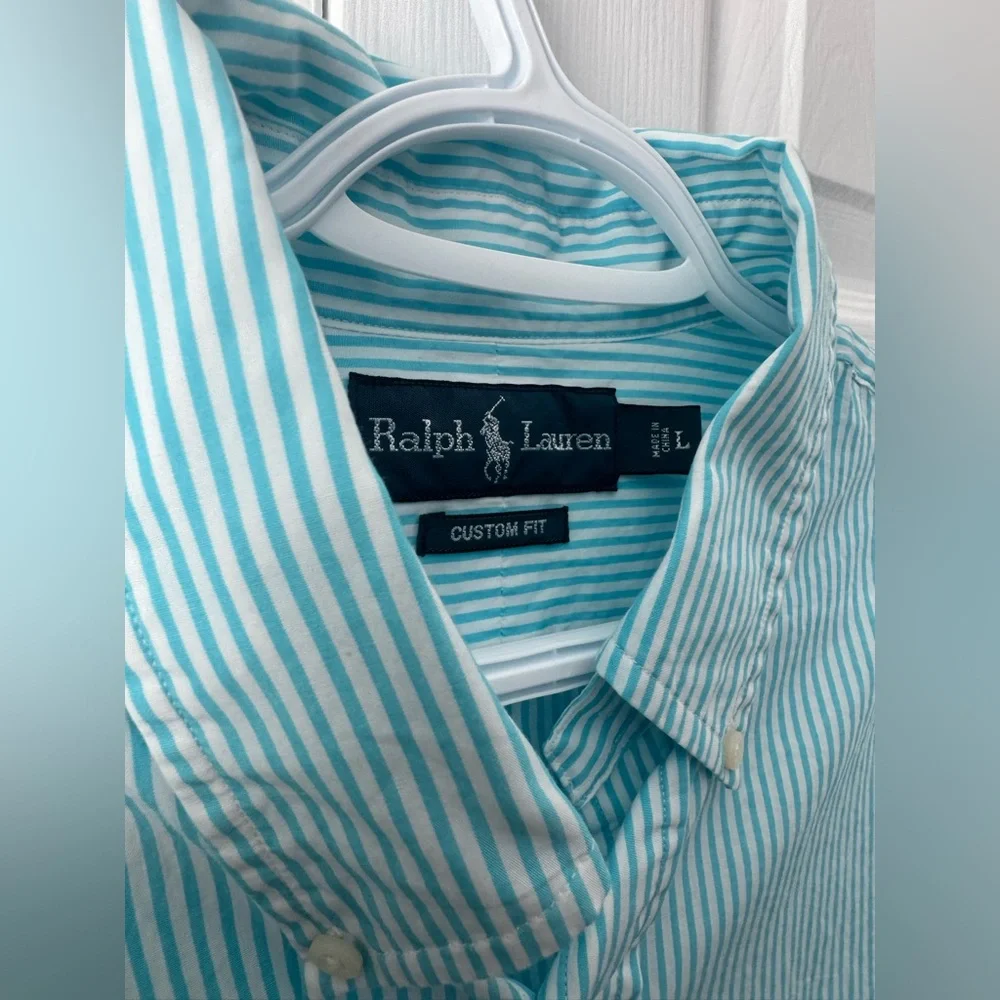 Polo Ralph Lauren Teal White Striped Button Down Dress Shirt L Pink Pony Florida